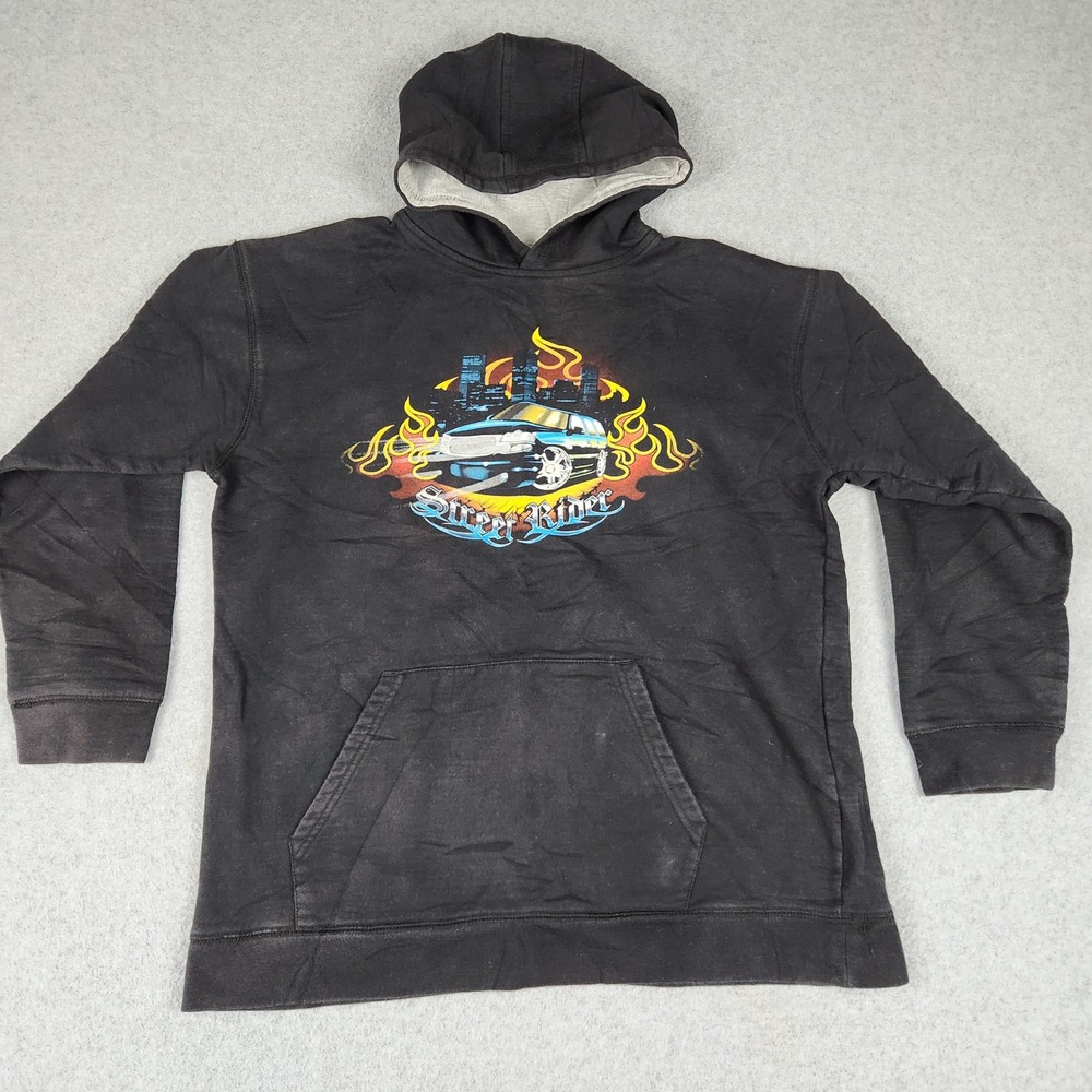 Phys.Sci Hoodie Men XL Black Street Rider Car Graphic Y2K Long Sleeve Pullover